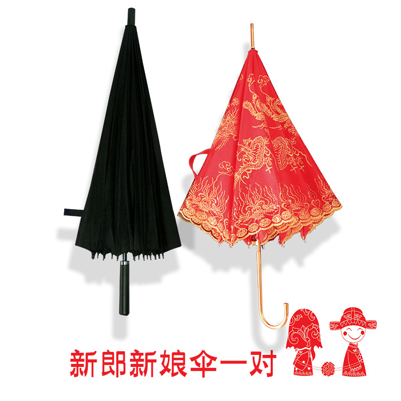 Red umbrella with Chinese trend, wedding bride umbrella, wedding celebration, lace trim, embroidered, big red long handle, red umbrella for celebrating the wedding Item Picture