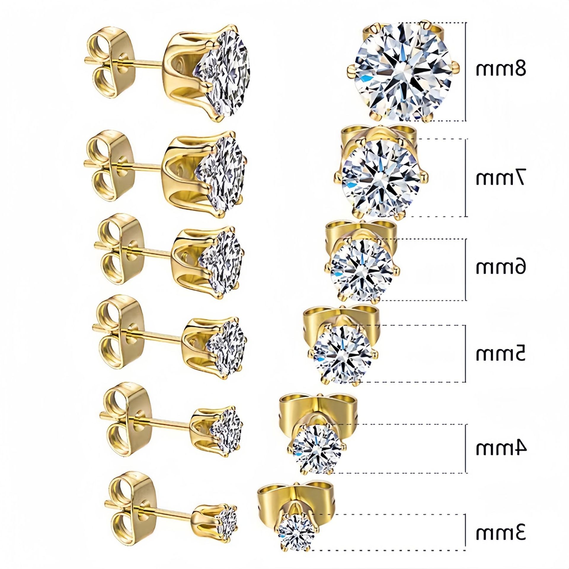 Wholesale of cross-border stainless steel six-prong ear studs, butterfly clasp, classic crown studded with diamonds, round zircon, European and American titanium steel earrings Specification image