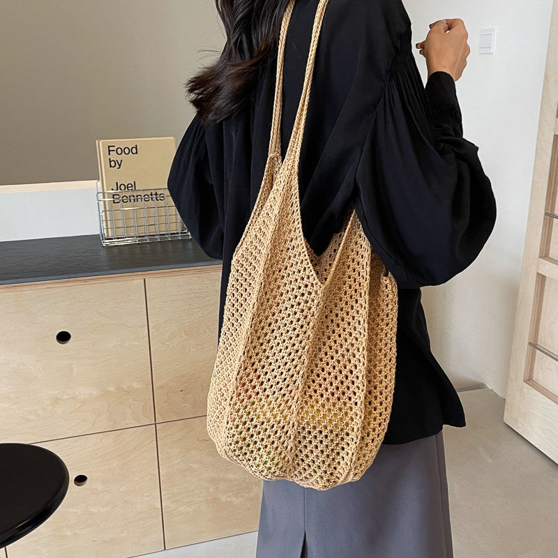 Cross-border grid perforated bag, casual large-capacity cotton thread woven bag, new perforated straw woven bag, laid-back style single-shoulder bag, vacation beach bag, women's bag, single-shoulder bag, handbag, storage bag, handbag, simple grid bag