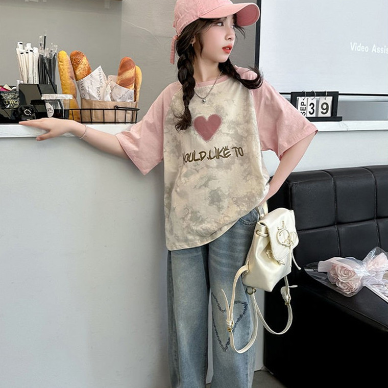 Girls' short-sleeved T-shirt, cotton summer dress, student print tie-dye, stylish girls, middle and senior children's half-sleeved top, summer trend