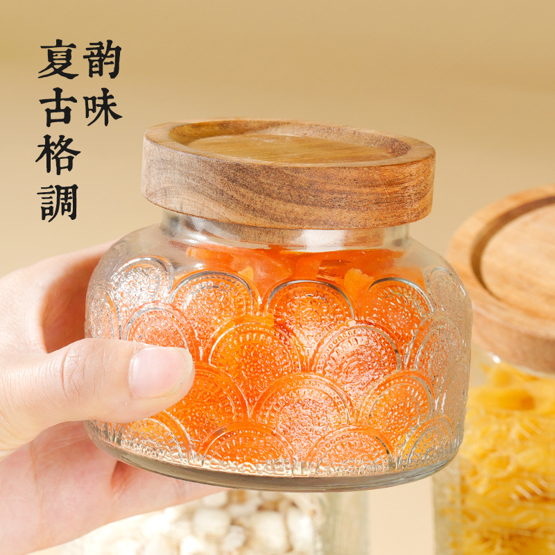 Nordic-style retro patterned glass sealed jar, high appearance level glass jar, kitchen storage jar, dried fruit and snack storage jar details Picture