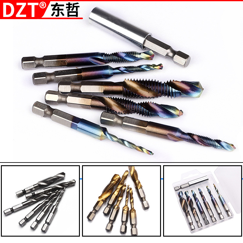 High-speed steel composite tap hexagonal handle titanium plating machine spiral tap tool tapping and chamfering integrated set full figure