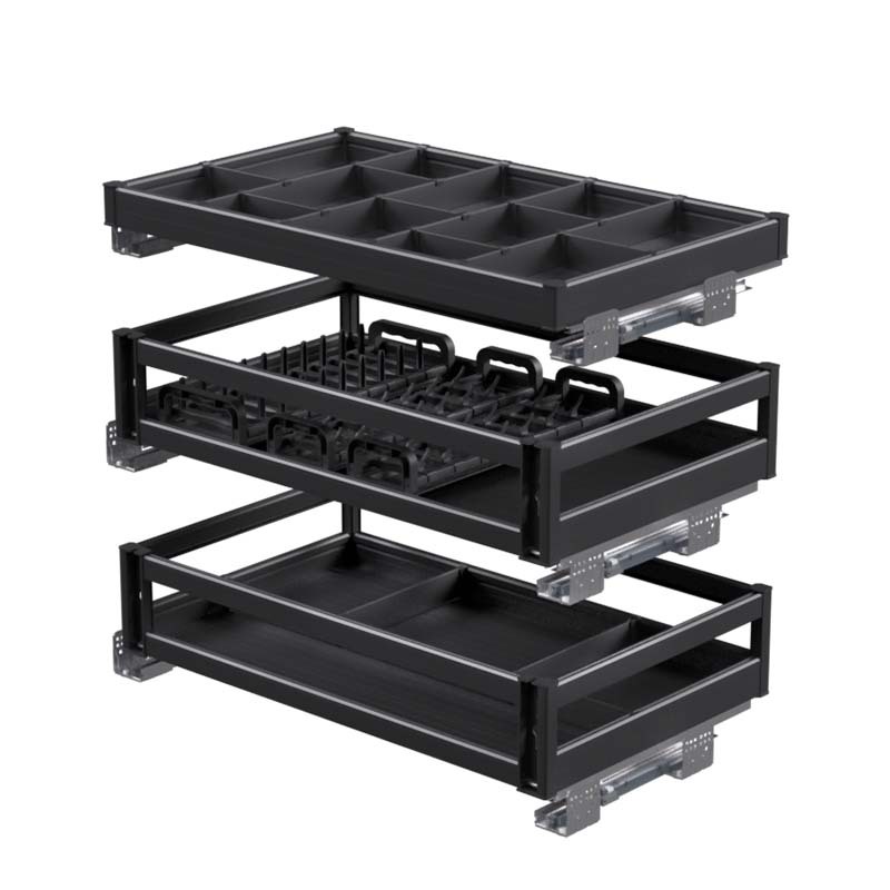 铝合金三层拉篮厨房橱柜碗碟篮抽屉式厨柜碗架阻尼缓冲白底实物图