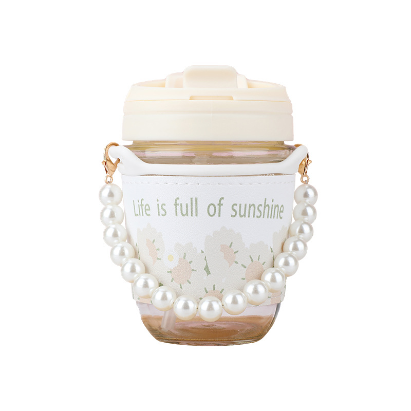 High appearance level glass water cup for girls and students, fresh and cute double-drinking cup, pearl ins style portable coffee cup Item Picture