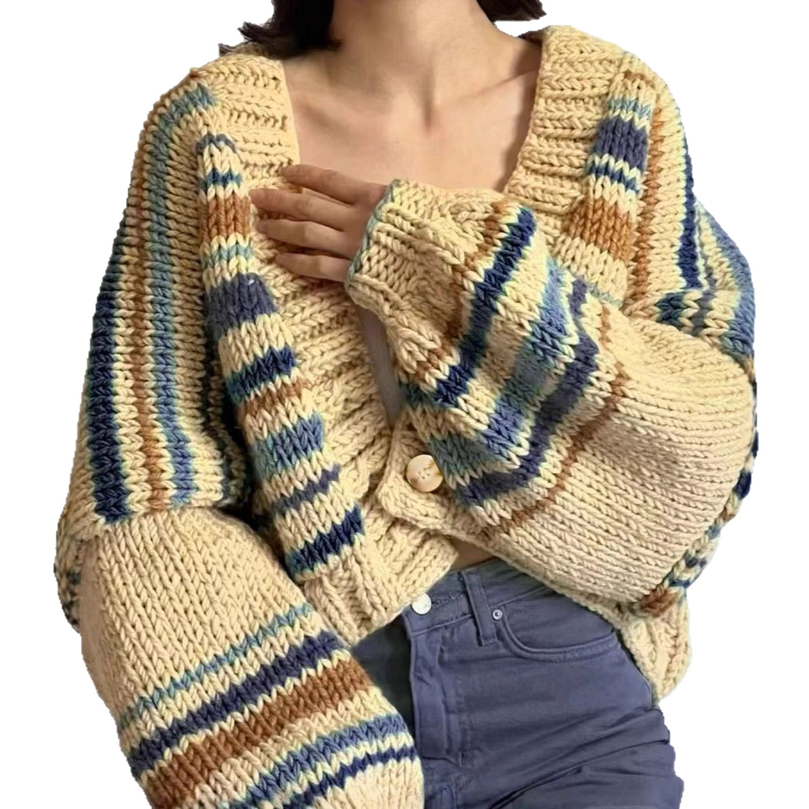 Cross-border Europe and America 2025 Early Autumn new women's clothing laid-back V-neck contrasting color loose knitted cardigan sweater coat Item Picture