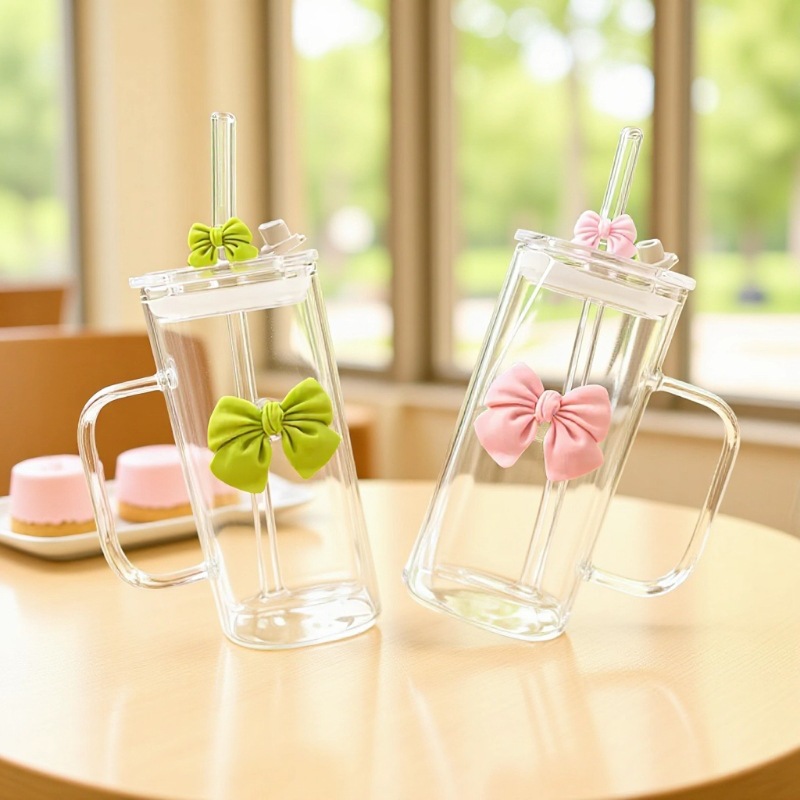 Transparente simple cuadrado tazas para niños nuevo color rosa arco copa de pajita hogar con asa alta borosilicato de vidrio details Picture