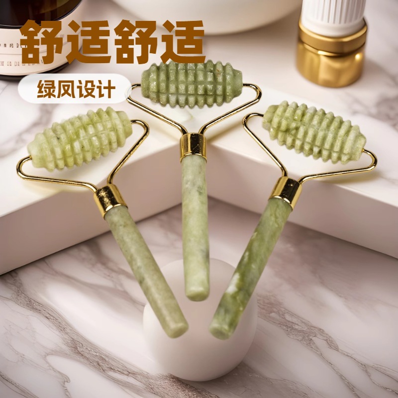 玉石滚轮按摩器绿凤玉单刺头美容器脸部面部玉石按摩滚轮厂家批发详情图2