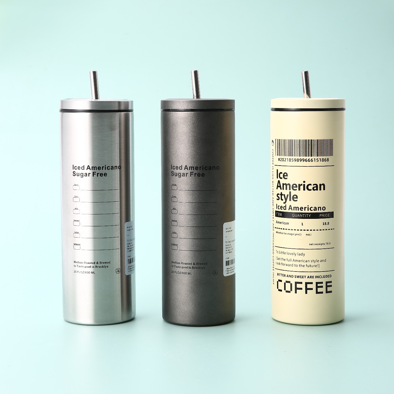 新款ins冰美式304双层不锈钢咖啡杯便携式带吸管螺纹直身杯