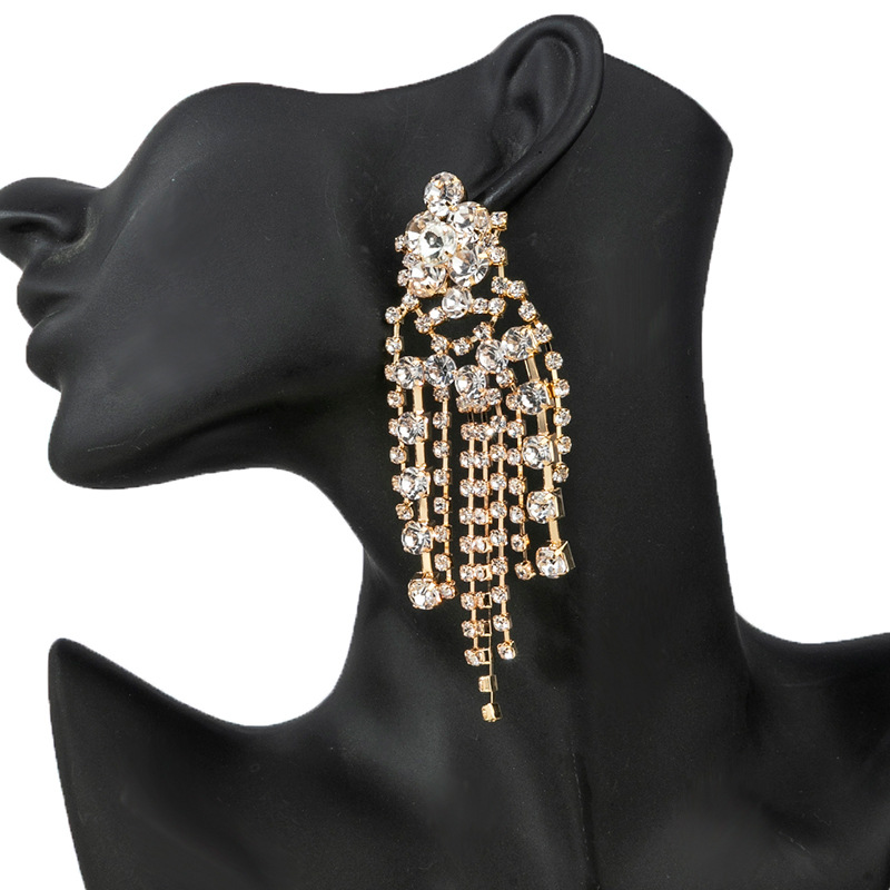 Factory direct sales cross-border claw chain earrings, full rhineston exaggerated tassel earrings, luxurious and trendy European and American party dress accessories, long and elegant women's earrings full figure