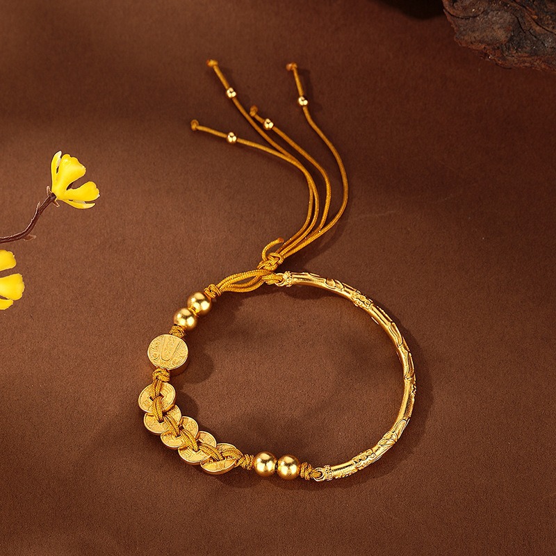 金店同款沙金镂空花丝五帝钱手链 五路财神复古宫廷风铜镀金手链