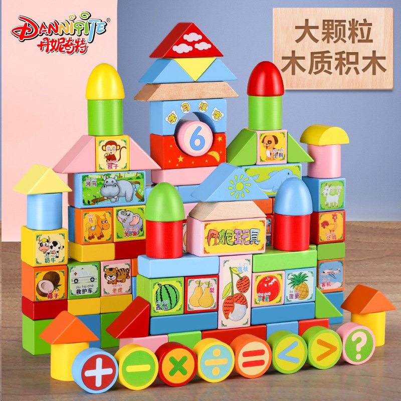 Danni Qite Wooden Building Blocks 100 pieces Chinese Character Park Bucket Large Building Blocks Children's early Education and Intelligence Wooden toys