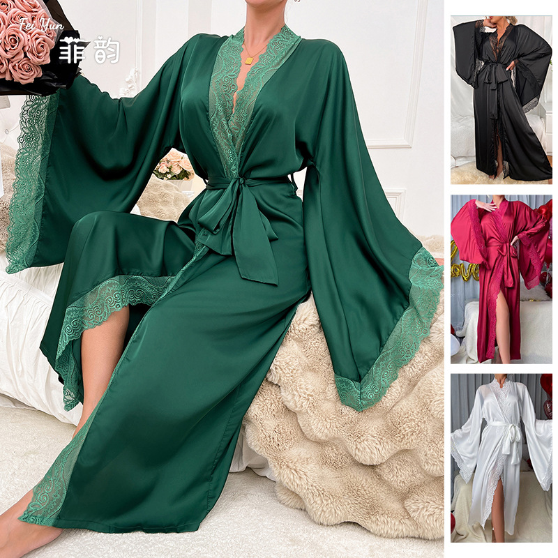New cross-border satin long pajamas, women's lace light luxury long-sleeved cool bathrobe, bathrobe and home wear, women's 336