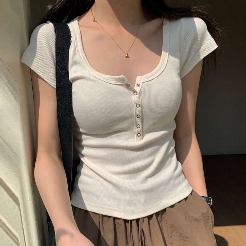 Threaded cotton button T-shirt for women, short-sleeved 2026 summer new style, square neck, versatile outerwear, slimming and form-fitting top base layer