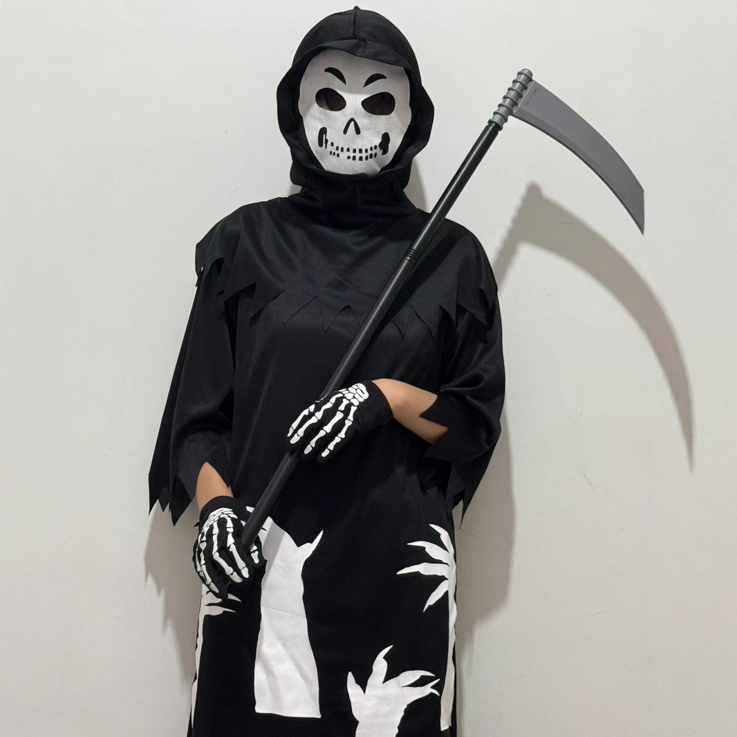 欧美跨境万圣节儿童派对cosplay服装黑袍死神装扮骷髅架角色扮演