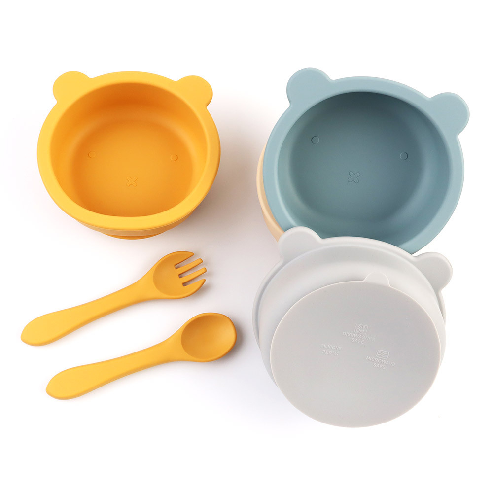 Baby silicone complementary food bowl, fork and spoon set, suction cup type children's easy-to-wash feeding tableware manufacturer wholesale, cute cartoon Specification drawing