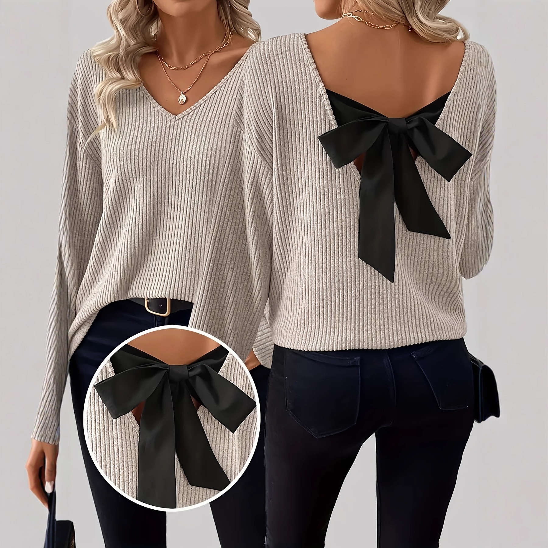 European and American women's V-neck solid-color sweater, new autumn export style long-sleeved casual loose bow top for women full figure