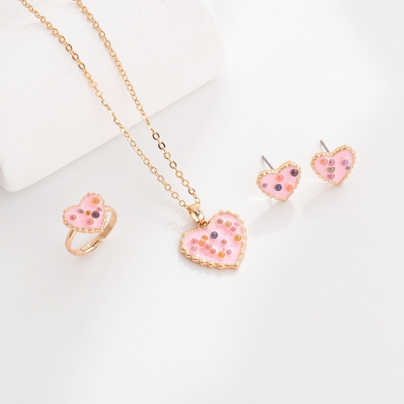 Wholesale of cartoon heart cherry pendant jewelry set, alloy oil-dripping children's necklace, ring and stud three-piece set Specification image