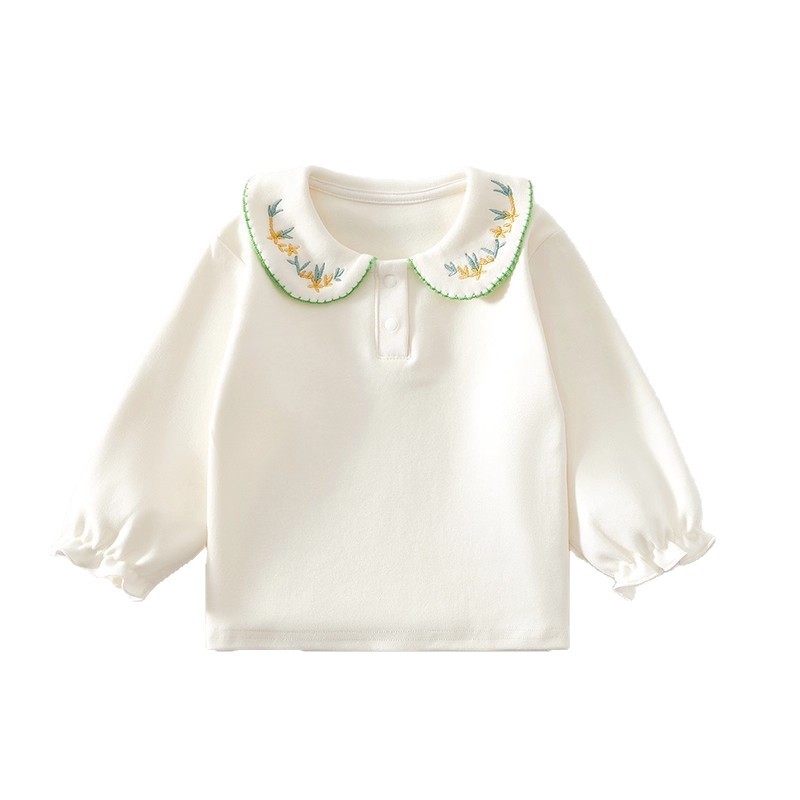 婧麒女童T恤打底衣春装婴儿2025新款长袖衣服春秋女宝宝洋气衬衫白底实物图