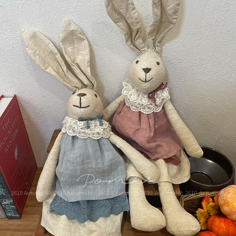 New Korean-style fabric handcrafted cotton and linen rabbit doll lace dress doll, children's soothing toy, home decoration item, women's Pom.kr, retro linen long-eared rabbit doll lace collar dress, two-color style, gentle and charming Application Scenario