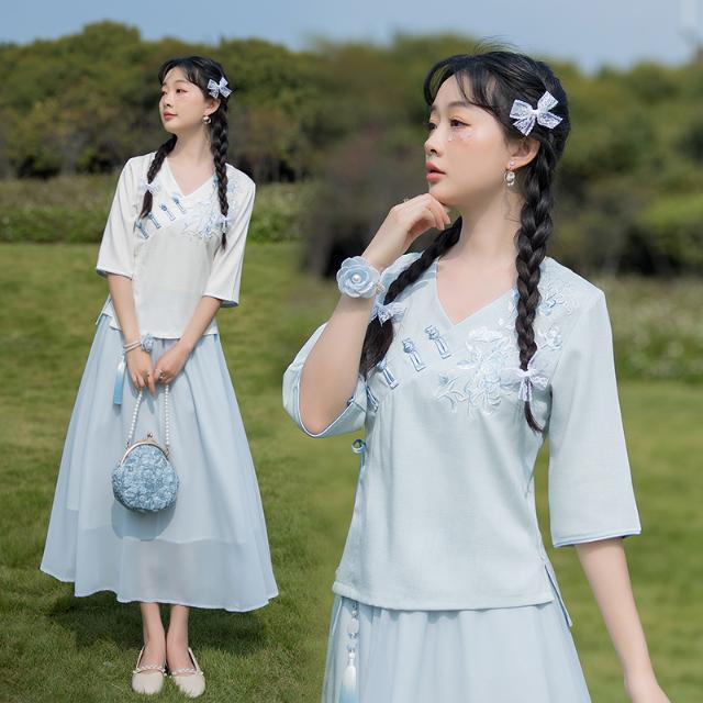 【国潮】中式国风唐装刺绣两件套复古文艺茶服清新田园风上衣改良套装女
