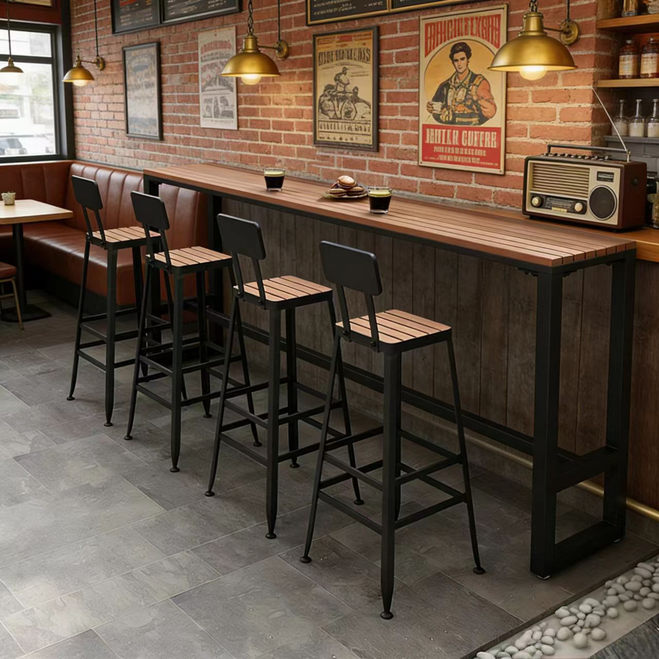 Star Terrace Bar counter table and chair set, coffee shop outdoor anti-corrosion and sun protection high leg narrow table, outdoor balcony wall long table Application Scenario