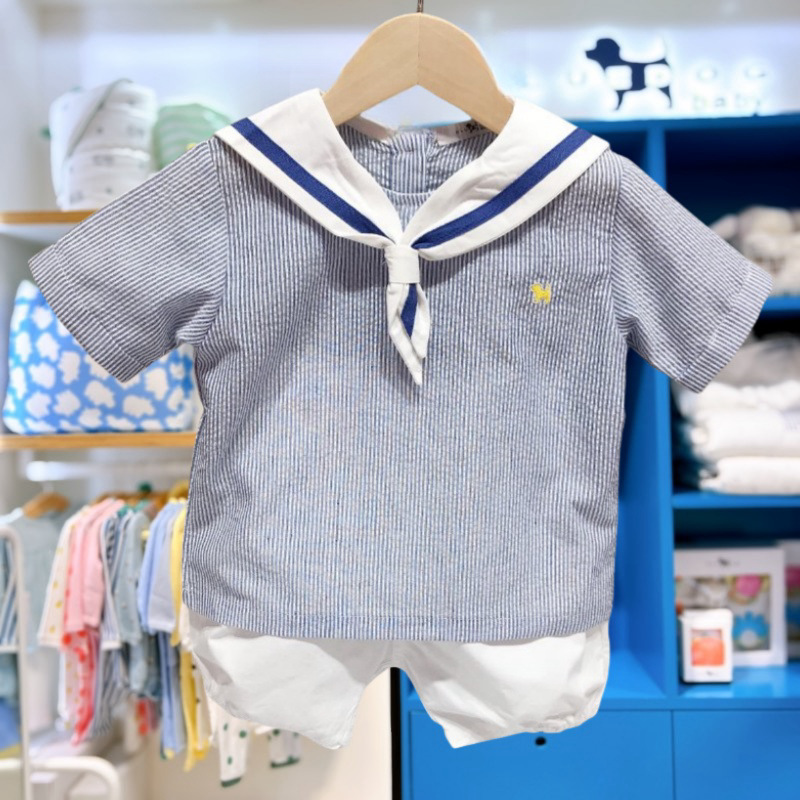 Summer new navy collar striped short-sleeved shirt and shorts two-piece set for boys, stylish MS530701