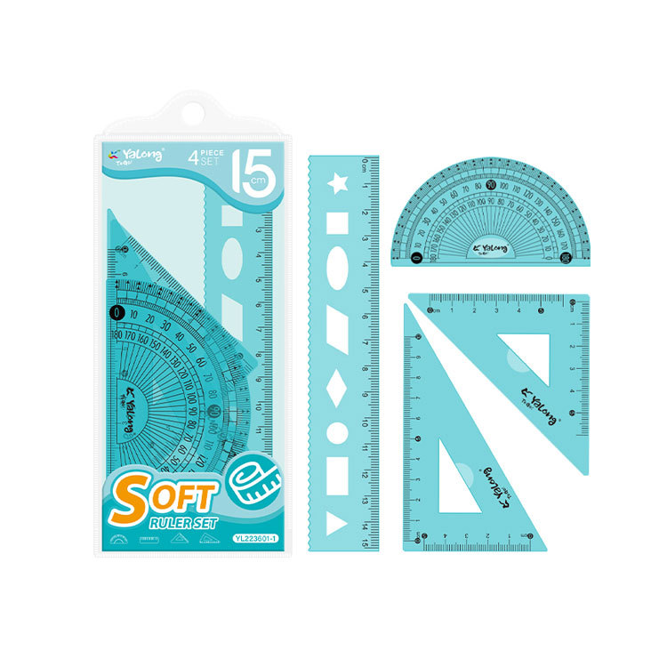 Yalong Cross-border wholesale flexible rulers, student stationery, geometric rulers 15 cm, plastic in multiple sizes, 4 pieces ruler sleeves