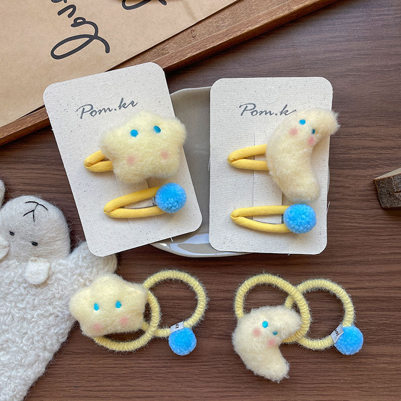 New Korean-style milk puff hair clip, plush handcrafted children's five-pointed star side broken hair break clip, elastic hair band for women details Picture