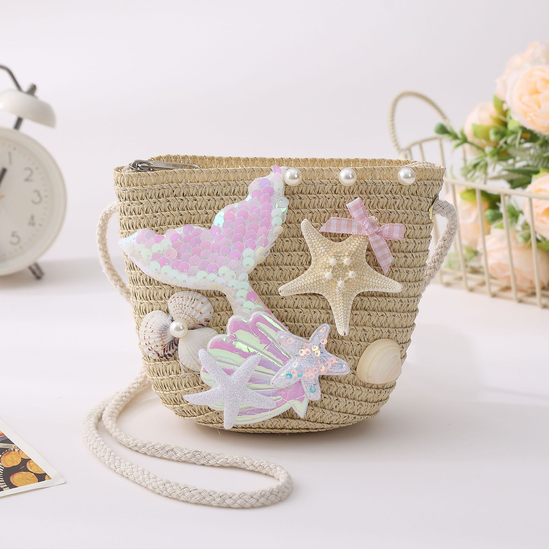 Cross-Border Straw Woven Bag, Ocean Mermaid, Ins Summer Children's Small Bag, Crossbody Bag, Girl And Princess Shoulder Bag, Loose Change Bag, Crossbody Bag, Handmade Straw Woven Bag Application Scenario
