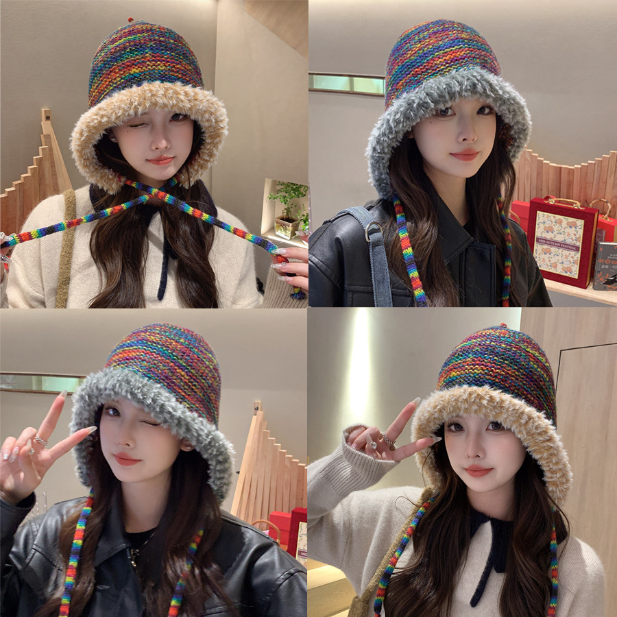 A cute rainbow gradient knitted hat for women in autumn and winter, warm, ear-protecting and face-enhancing small woolen headscarf Application Scenario
