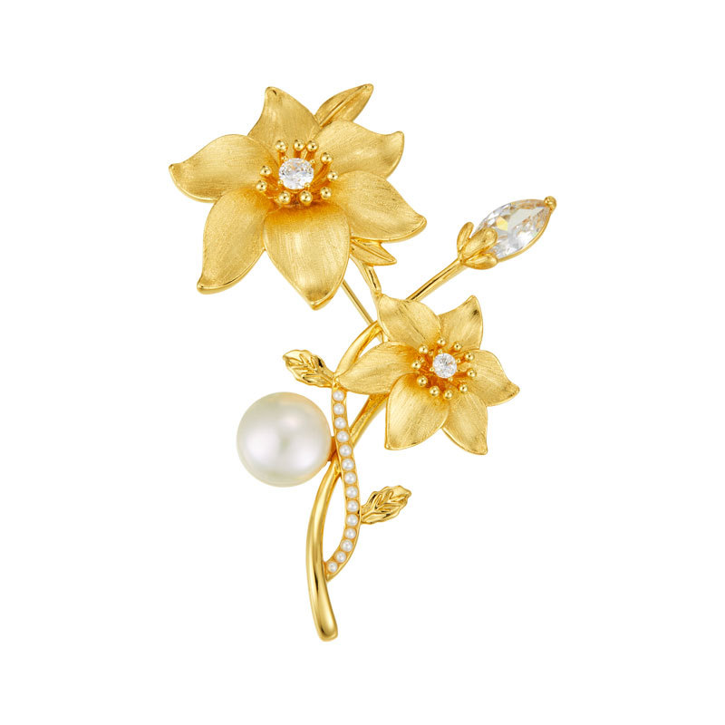 French high-end double flower brooch, copper alloy, real gold electroplated, brushed flower, freshwater pearl exquisite brooch Item Picture