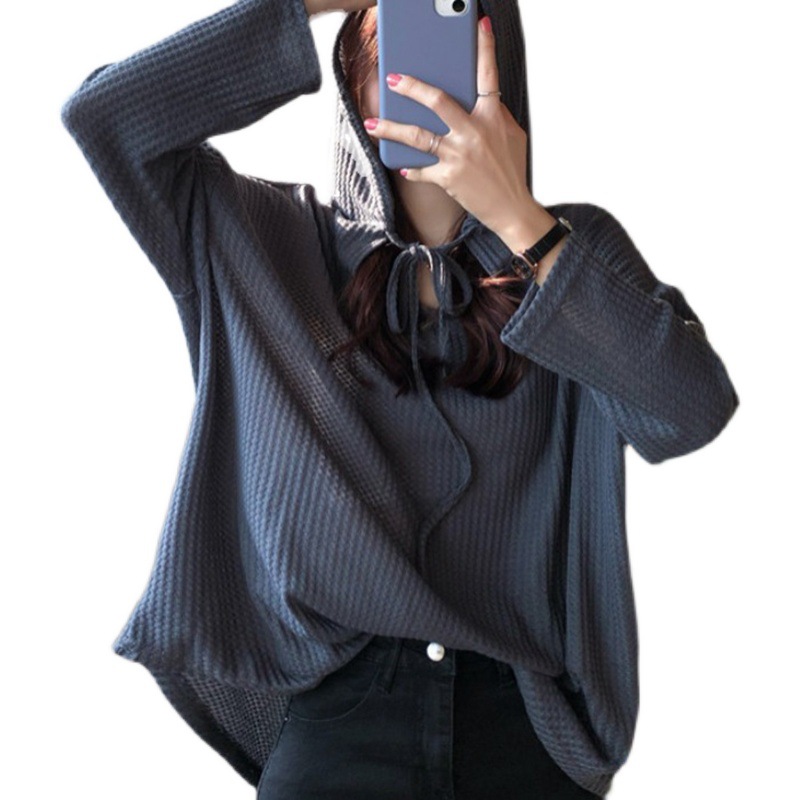 华夫格纯色宽松连帽套头卫衣女冬春秋新款韩版新款东南亚女装批发白底实物图