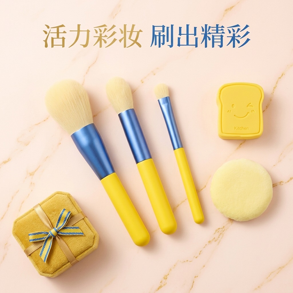 Three-piece yellow handle, blue metal connection makeup brush set, contour brush, detail brush, makeup tool details Picture