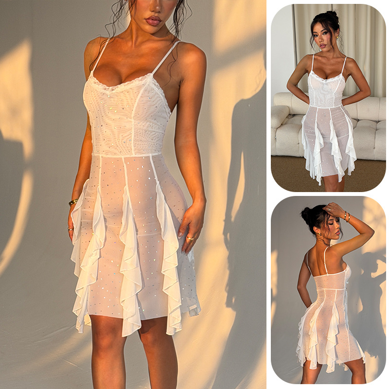 Hot diamond mesh fabric halter nightgown, lace V-neck, see-through irregular ruffled skirt, romantic underwear, home wear 1209