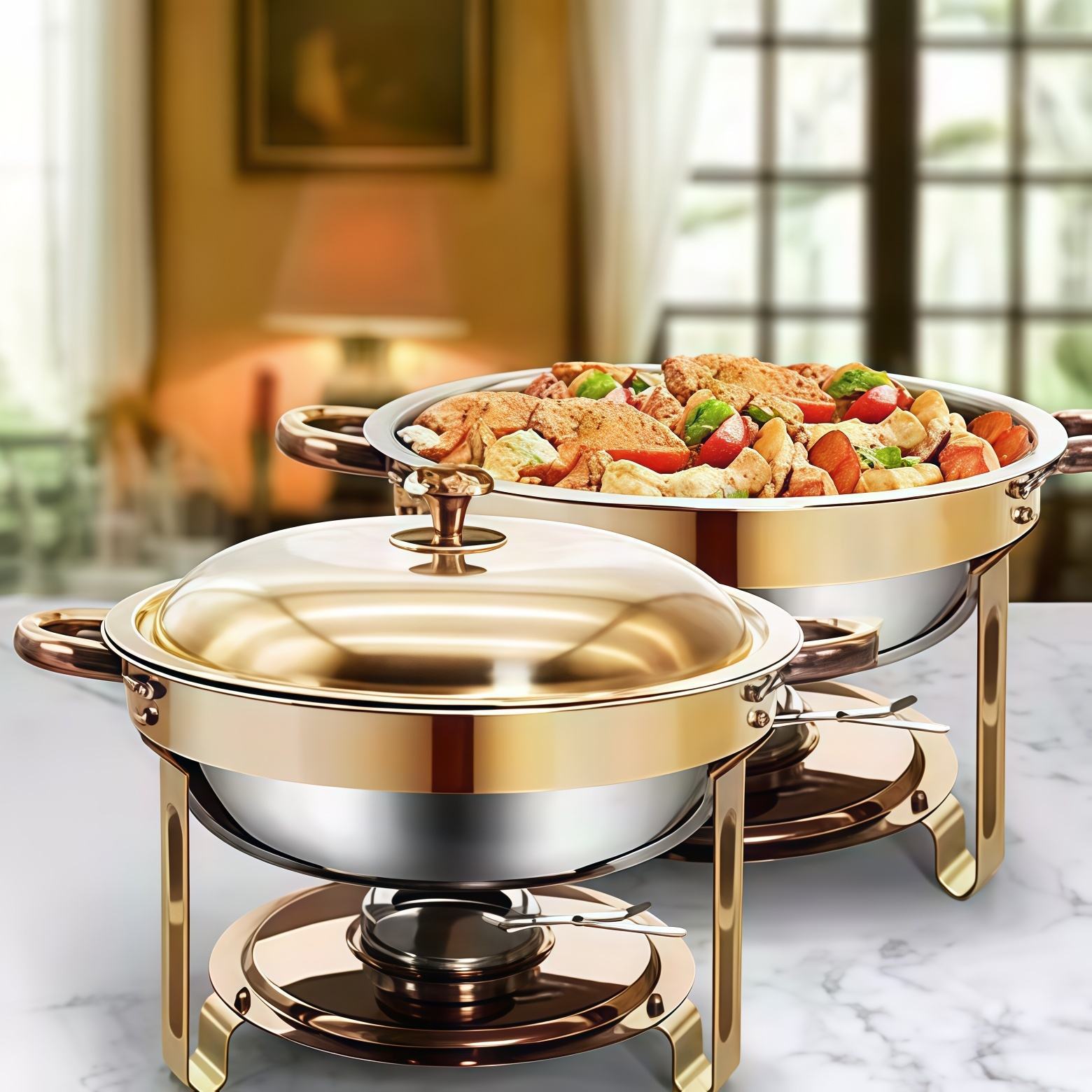 Cross-border stainless steel buffet stove, hotel insulated stove, restaurant golden round alcohol stove, food heater