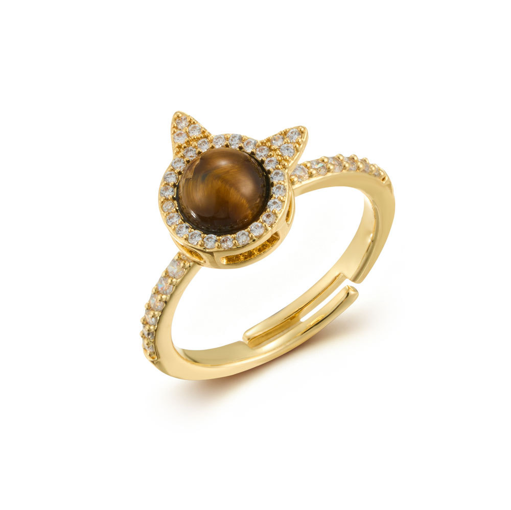 Anillo de apertura de gato giratorio de diseño original aleación de cobre micro zirconitas piedra ojo de tigre de alta sensibilidad delicado anillo Item Picture