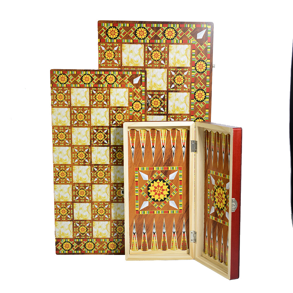Wholesale and export of high-end, portable and foldable international chess casual entertainment chessboard with a three-in-one pattern and wood design Item Picture