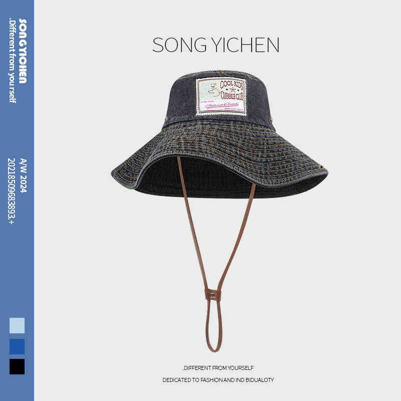 Korean outdoor windproof mountaineering hat, autumn hat, women's large brim to show off face, small fisherman hat, versatile washable denim hat details Picture