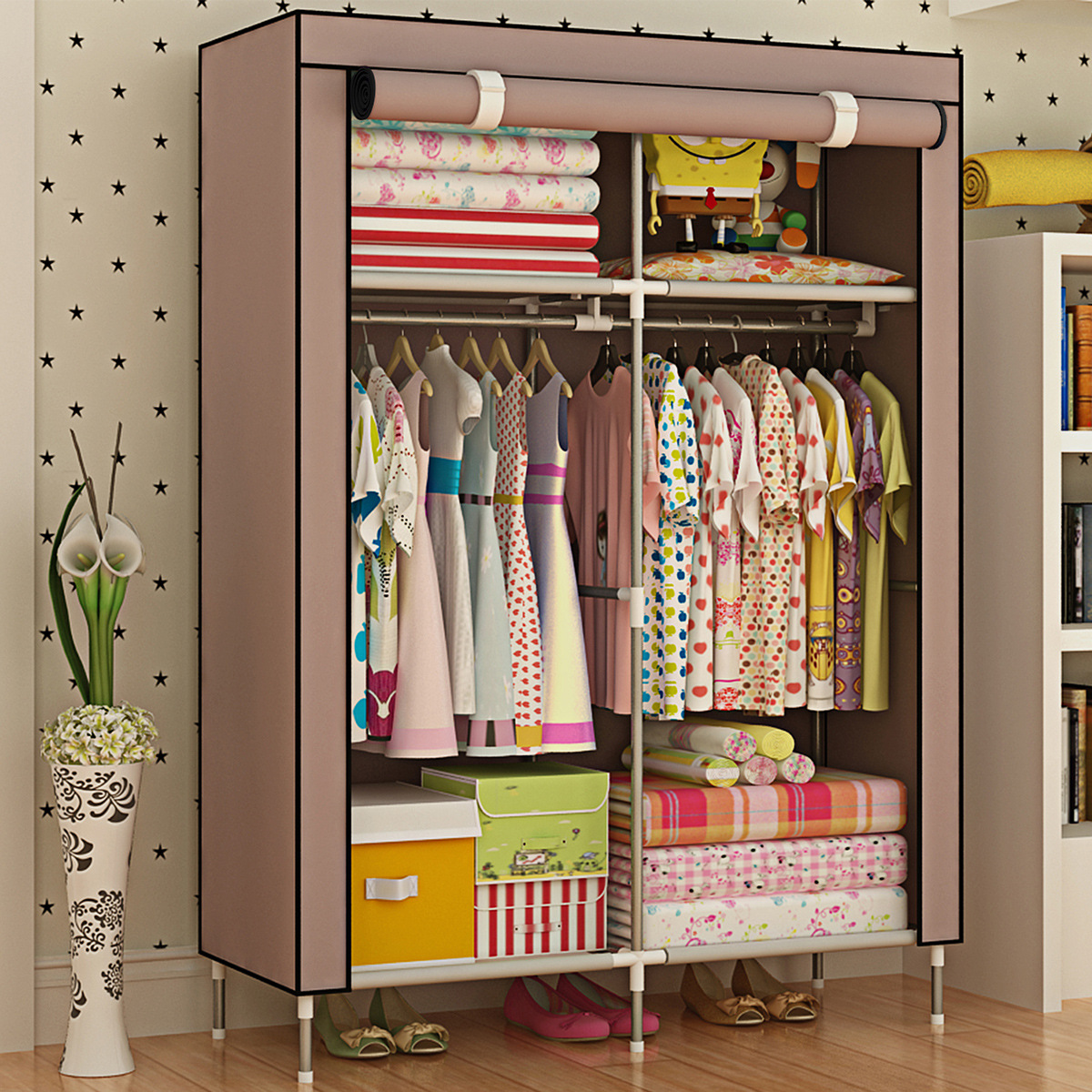 Economical baby clothes storage and organization for rental house, non-woven fabric moisture-proof steel pipe simple thickened and thickened fabric wardrobe