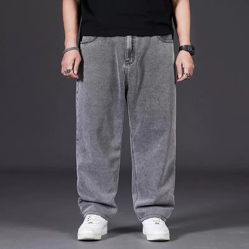 Plus-size jeans for men to gain weight in autumn, plus-size men's pants, loose straight-leg, fat guys, wide-leg stretched-waist long pants details Picture