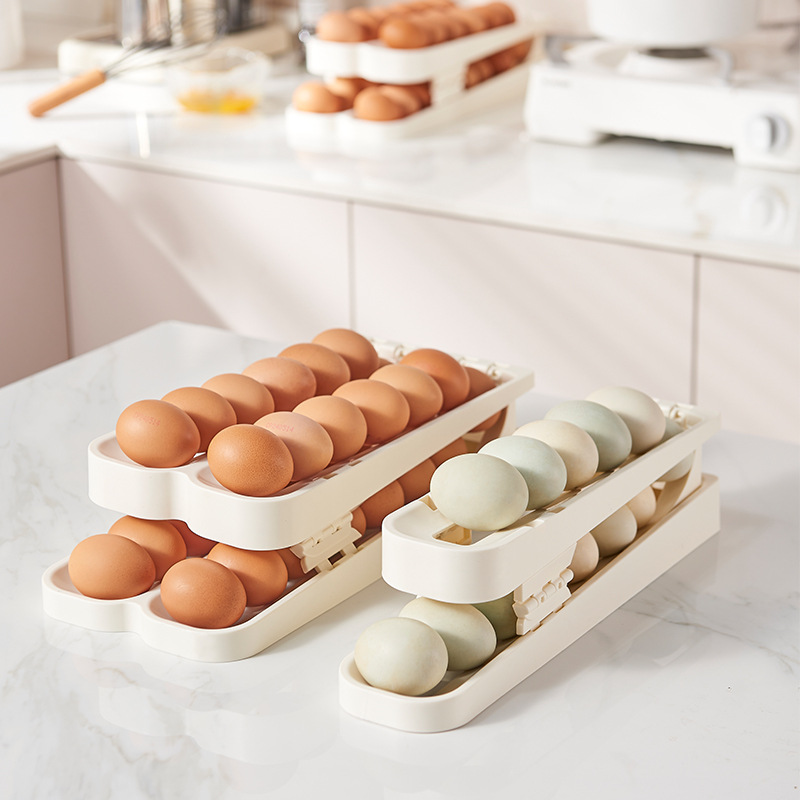 Folding rolling egg rack, refrigerator side door storage, egg tray, kitchen organization, safe storage wonder, egg compartment Application Scenario