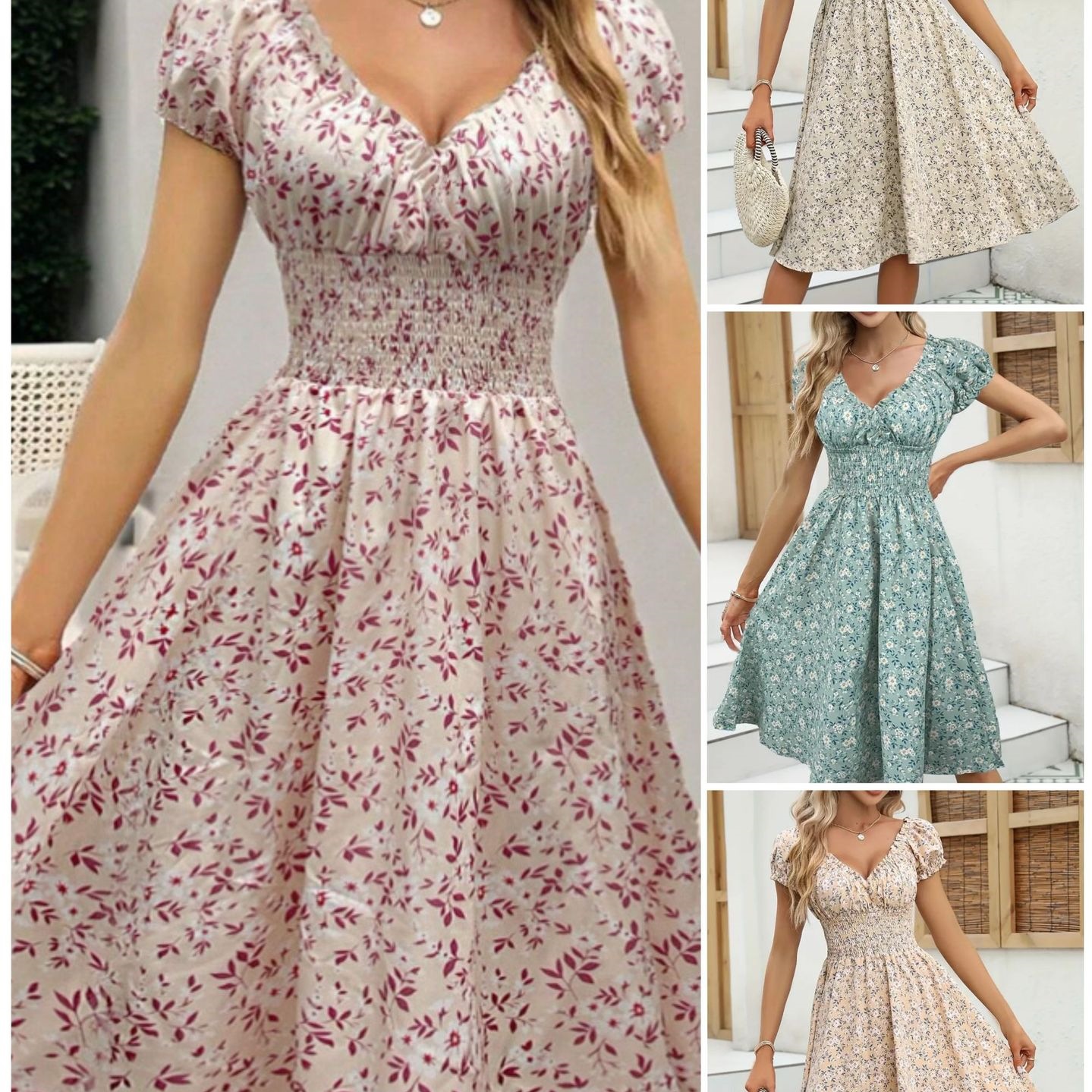 欧美女装亚马逊跨境新款复古碎花泡泡袖法式连衣裙独立站