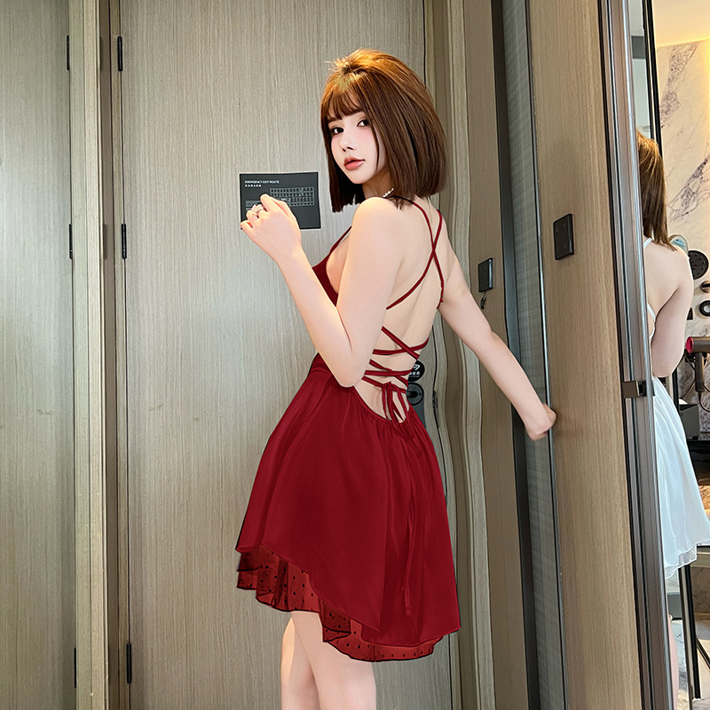 Feiyun Sexy Halter sleeping Dress for Women, pure and sensual style, mesh lace cross-tied backless short skirt, romantic underwear 840 Specification image