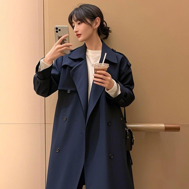 Extended knee-length trench coat for women, new early spring Korean style, student-style casual black overcoat Application Scenario