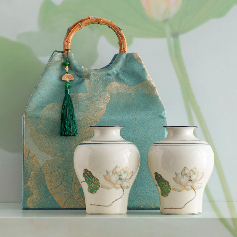 国风雅致精美手提布包茶叶罐礼盒空盒绿茶白茶龙井陶瓷密封罐陶罐