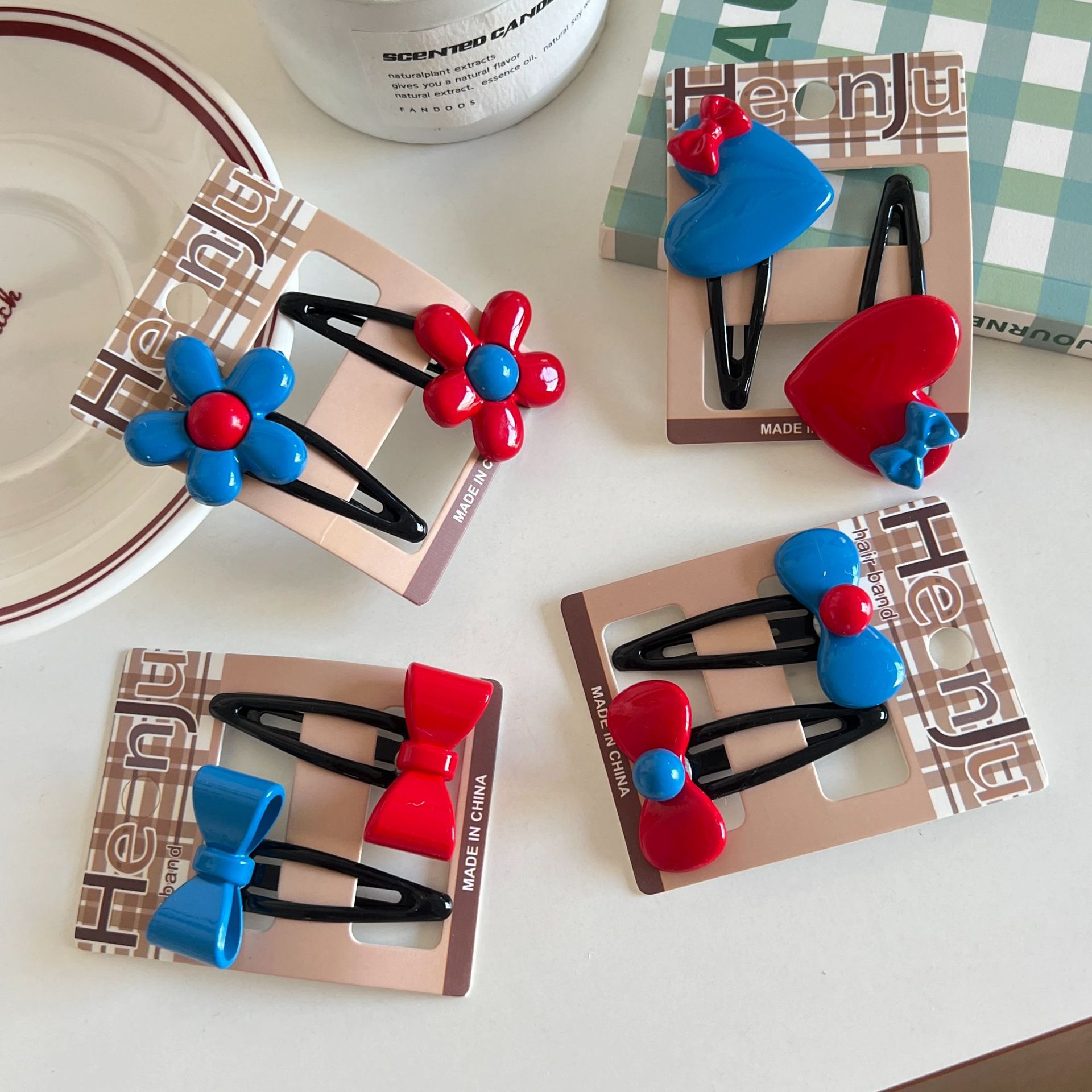 Korean red and blue bow flower hair clips, bangs, bb clips, sweet girl ponytail ties, hair bands, hair ties and headwear details Picture