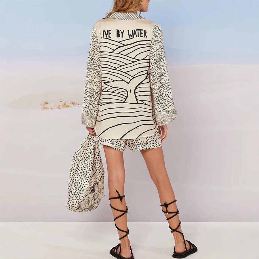 Amazon 2025 New Style European and American fashion Casual Printed Satin two-piece set for cross-border foreign trade independent station Specification drawing