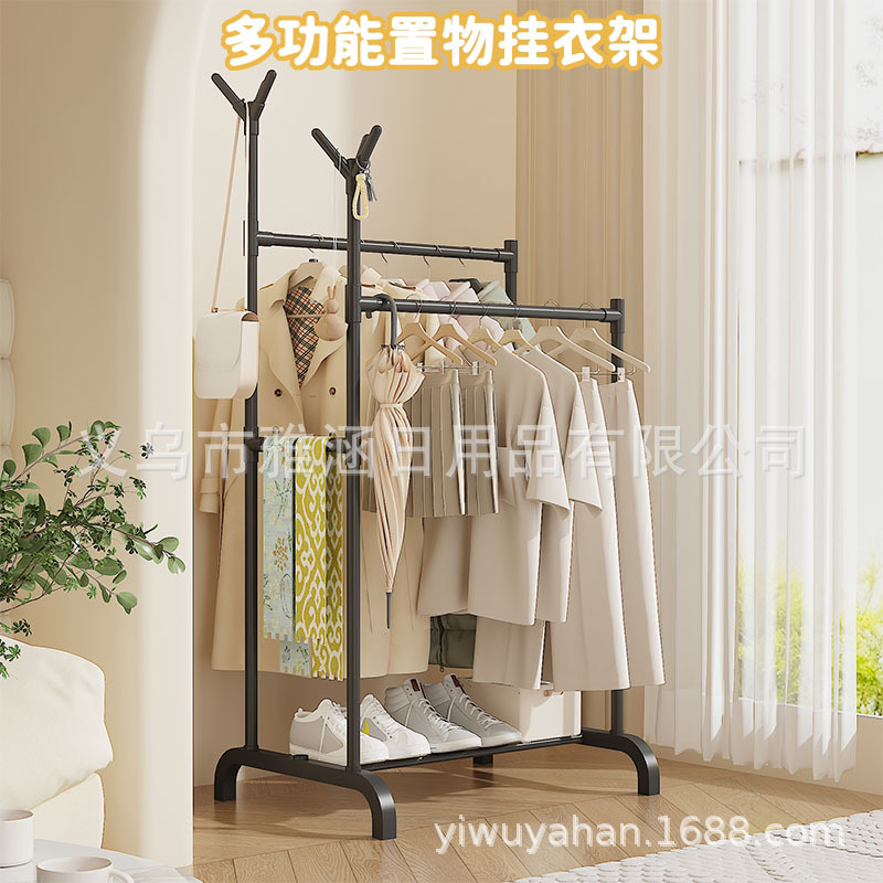 跨境家用简易款双杆晾衣架收纳架子卧室落地挂衣架衣帽架鞋帽架