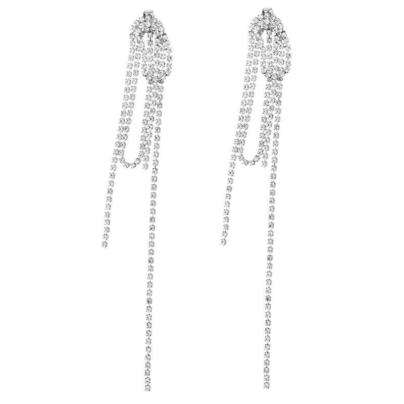 Manufacturer's supply of full-diamond tassel clip-on earrings, two-piece creative design, double-layer stacked earrings, feminine earrings, versatile accessories for banquets, wholesale Item Picture
