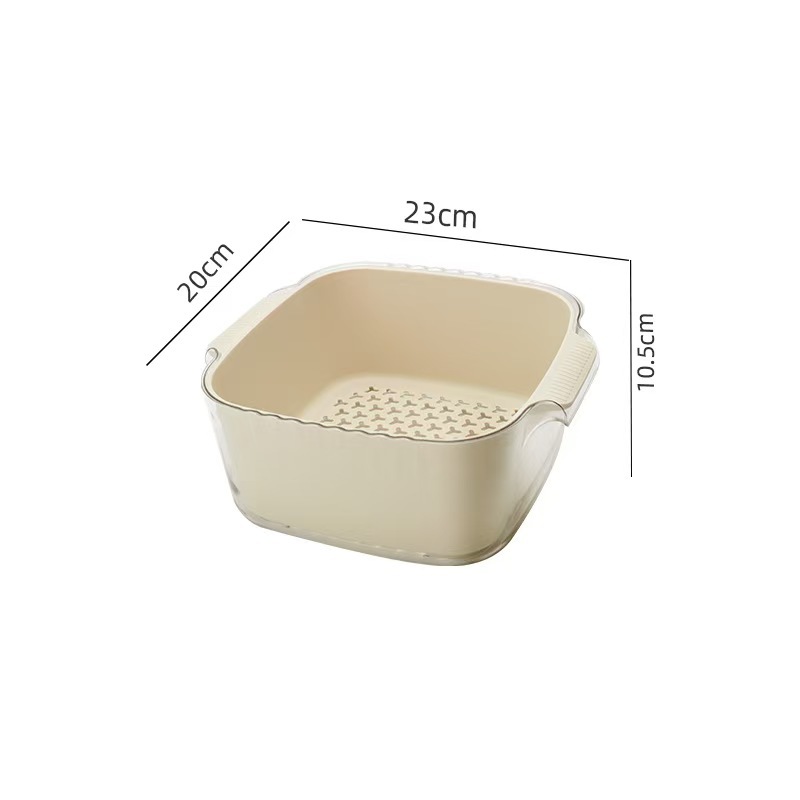 Durable household double-layer vegetable and fruit draining basket, living room vegetable washing basket, double-ear handle plastic kitchen vegetable washing basin for storage